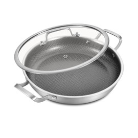 LOLYKITCH 12 In Nonstick Frying Paella Pan with Side Handles & Lid, Ceramic Coating, Tri-ply Stainless Steel, Induction Compatible, PFOA-free, Oven Safe to 600°F, Dishwasher-safe