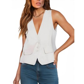 YOUNIFIZ Women's Waistcoats Casual Sleeveless Button Down V Neck Crop Top Summer Linen Vest Tops with Pocket, White