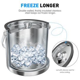 Ice Bucket 3L with Silicone Lid, Strainer, Tongs, Double Wall Insulated Stainless Steel Ice Bucket Wine Bucket for Cocktail Bar and Parties