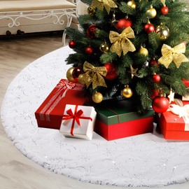Joyyy Christmas Tree Skirt White, 48inch Luxury Faux Fur Snowflake Beaded Tree Skirt for Holiday Christmas Party Tree Decoration