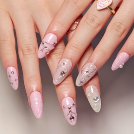 24Pcs Water Ripple Relief Shell Press on Nails Medium Almond Fake Nails Silver Butterfly with Star Rhinestones Design Acrylic Nails Manicure False Nails Pearl Line Artificial Nails for Women Girls