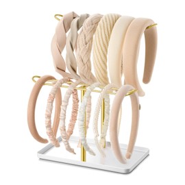 Headband Holder Organizer for Hair Accessories: Headband Storage Vanity Hair Clip Organizer, Two-Tier Stand with Storage Tray for Girls Women, Jewelry Necklace Rack for Vanity, Bathroom, Gold