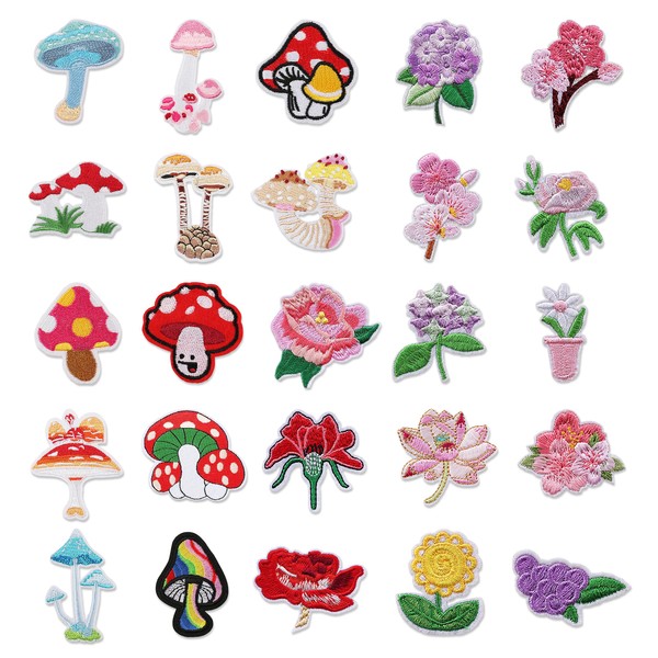 25 Pcs Flowers Mushroom Iron On Embroidered Patches, Applique Patches