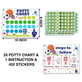 Sports Potty Trainning Sticker Chart for Toddlers Boys Girls, 20 Potty Training Chart with 432 Stickers & 1 Routine Card - B14