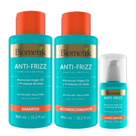 Biometik, Kit Anti-frizz, Shampoo, Acondicionador y Aceite Capilar, Elimina el Frizz, Desenredo Inmediato y Máxima Hidratación, Rellena las Puntas para un Cabello más Largo sin Puntas Abiertas con Morrocan Argán Oíl y Proteínas de Seda, 3 pz