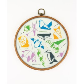 Origami Animals EM433 - DIY Embroidery Kit. Set of Threads, Needles, Stamped Cloth, Needle Threader, Embroidery Clippers and Printed Color Pattern Inside.