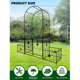 Kalolary Garden Arch with Gate and Plant Box, Heavy Duty Metal Butterfly Garden Arbor for Climbing Plant Raised Bed Rose Vines Climbing Support for Lawn Backyard Patio Outdoor Decor (86.6"x79.8"x20")