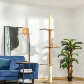 PawHut 89"-102" Floor to Ceiling Cat Tree Cat Climbing Tower, Light brown