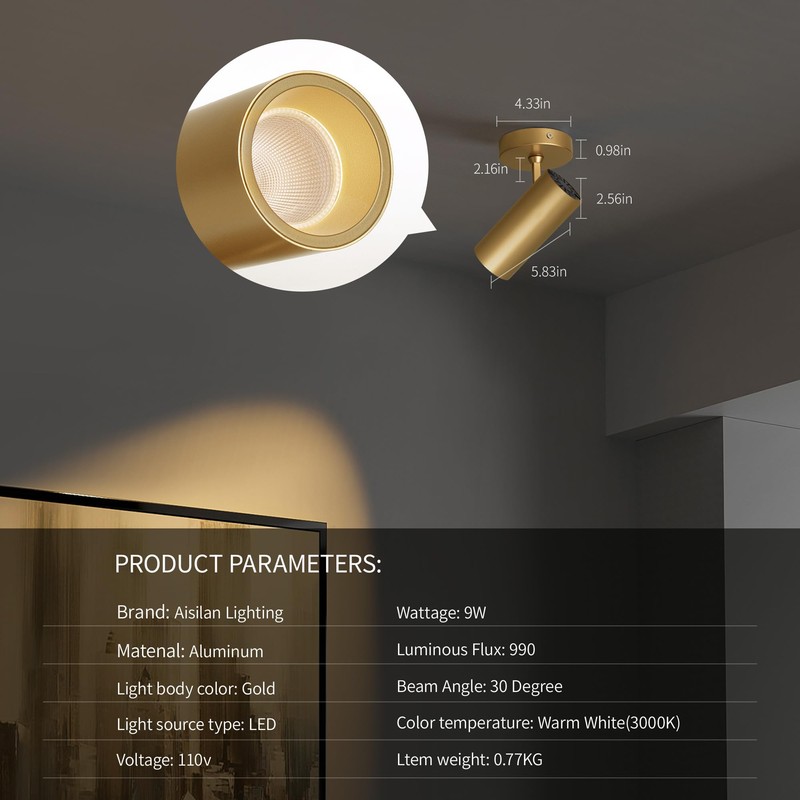 Aisilan 9W LED Gold Directional Dimmable Ceiling Spotlight Indoor, Anti-Glare