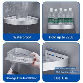 FIISAYL Duschablage Ohne Bohren Duschregal Ecke Badezimmer Organizer Badregal Duschkorb, Dusche eckregal mit 4 Haken Raumfahrt Aluminium Wandmontage Silber, 2 Stück