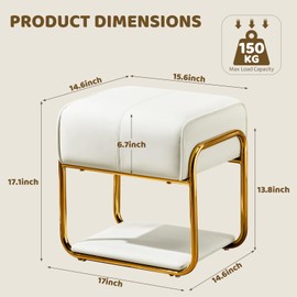 Furnistyle Vanity Stool Chair with Gold Metal Frame, Modern Makeup Chair for Vanity, Faux Leather Ottoman Stools, Footstool Ottoman with Bottom Shelf, Padded Seat for Bedroom Living Room, White