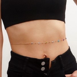 Inateannal Boho Evil Eye Waist Chain Gold Beads Body Belly Chain Summer Beach Belly Waist Chain Nightclub Bikini Body Chain Jewelry for Women and Girls Gifts