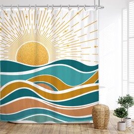 Glawry Abstract Ocean Sunrise Shower Curtain Sea Waves Sunset Bathroom Mid Century Modern Aesthetic Minimalist Boho Sun Bohemian 60Wx72L Inches Bath Accessories Art Home Decor Fabric 12 Pack Hooks