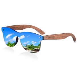 ANYPRO Wooden Sunglasses Men's Polarised Sunglasses Women's Vintage Oversized Sun Glasses with Wooden Temples and UV Protection, blue