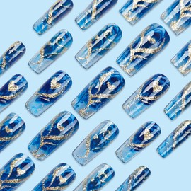 24Pcs Blue Press on Nails Medium Square Fake Nails with Glitter Heart Designs Gold Curve Line Acrylic Nails Glossy Blue Gradient False Nails Reusable Full Cover Glue on Nails for Women