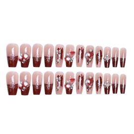Hkanlre 3D Press on Nails Medium Fake Coffin Nails Tips Full Cover Luxury False Nails for Women and Girls 24PCS