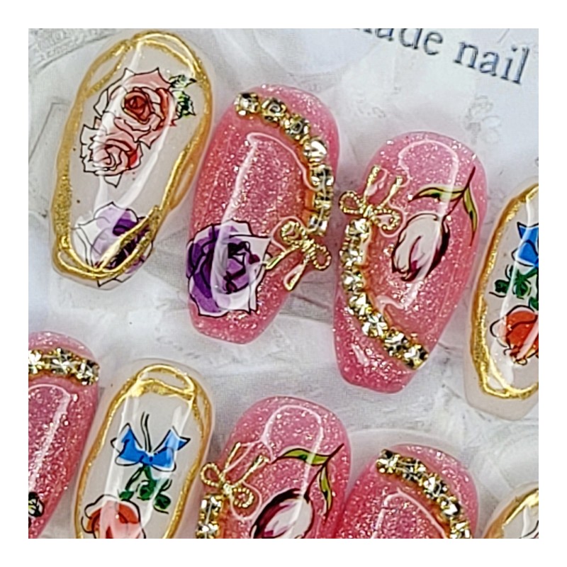 Flower illustration handmade nail tips, pedi tips - Stiletto M