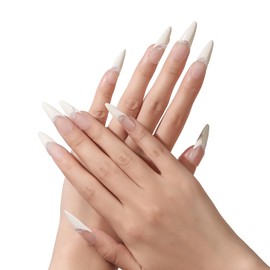 Allvounail Press on Nails 100% Handmade French Tip White Full Cover Acrylic Reusable False Nails for Women Long Almond 10 Pcs(Pearl,M)