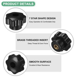 M METERXITY 6-Pack 7 Star Knobs, M8 Female Thread 40mm Seven-Pointed Head Through Hole Clamping Grip Handles for Machinery/Electronic/Woodworking, Brass Screw-On Threaded Knob [Black]