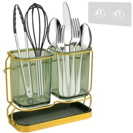 First-zgel Utensil Holder for Kitchen Countertop, Plastic Utensil Organizer with Drain Tray, Wall Mounted Large Utensil Crock for Spatula Spoon, Morden Kitchen Silverware Organizer (Green)