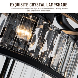 52'' Farmhouse Ceiling Fan with Light and Remote,Rustic Crystal Chandelier Fan, Industrial Modern Downrod Mount Black Ceiling Fan with 5 Wood Reversible Blades,Quiet Motor for Living Room, Bedroom