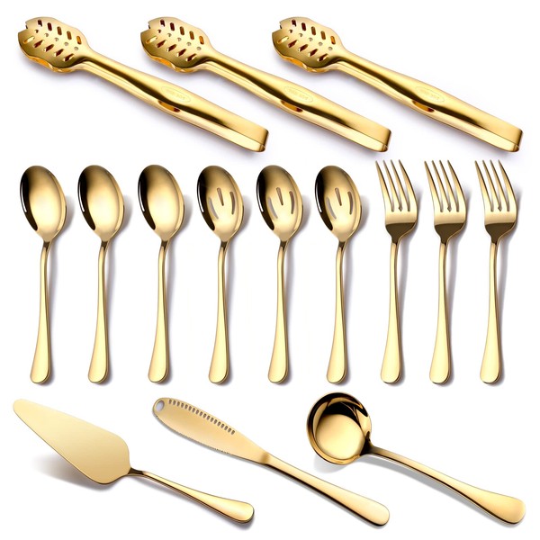 Gold Serving Utensils, OGORI 15-Piece Stainless Steel Gold Serving Utensils Set Include Serving Spoons, Slotted Serving Spoons, Serving Tongs, Serving Forks, Butter Knife, Soup Ladle, Pie Server