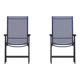 Flash Furniture Paladin Metal Folding Patio Sling Chair in Navy (Set of2)