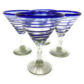 Mexican Hand Blown Glass – Set of 4 Hand Blown Modern Margarita Glasses - Blue Spiral (12 oz)
