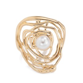 Niaspi Pearl Geometric Open Bnad Promise Statement Ring for Women Gold Plated Vintage Retro Faux Pearl Adjustable Baroque Finger Ring Irregular Lava Wedding Party Statement Ring Jewelry