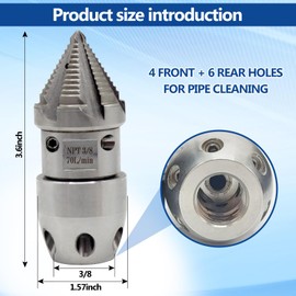 3/8 NPT Sewer Jetter Nozzle - 70L/Min Pressure Washer Compatible, 360° Rotating Stainless Steel Nozzle for Municipal Drain Pipe Cleaning