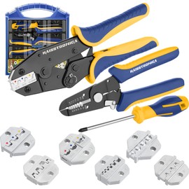 haisstronica Crimping Tool Set - 6PCS Crimping Die for Heat Shrink,Insulated Nylon,Non-Insulated,Ferrule Wire End,Open Barrel Terminals,Solar Connectors - with Wire Stripper Tool and Screwdriver