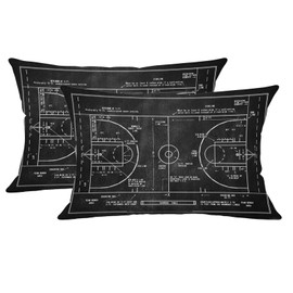 Doobicy Basketball Court Blueprint Pillow Covers 12x20Inch Set of 2 Black Style Throw Cushion Covers with Double-Sided Print for Sports Room, Boys Bedroom, Game Room, Couch or Sofa Decor
