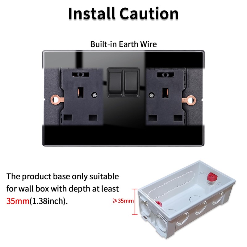 JIMEIDA 2 Pack Black Double Switched Power Socket 13 Amp