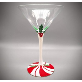 Christmas Candy Cane Martini Glass - Hand Painted - Seasonal, Snow, Holly Berries - Cocktail Glasses