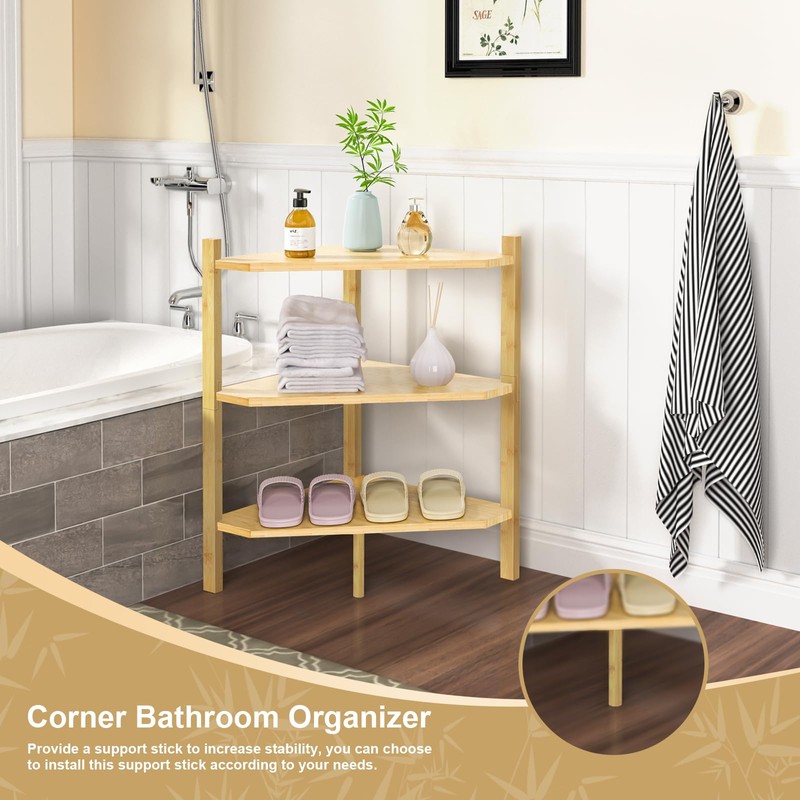 Wisuce Corner Shelf Stand - 3 Tier Bamboo Small Corner
