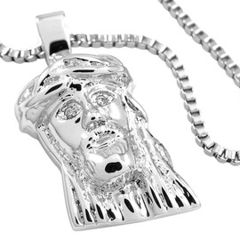 NIV'S BLING - Mini Jesus Pendant with FREE 30 Inch Box Chain | 18K White Gold Plated Pendant and Necklace