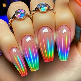 Colorful Stripes Smudge Press on Nails Medium Length Ballet Shaped Full Cover Glossy Nude Pink Acrylic False Nail Ballet Press Ons French Artificial Fingernails DIY Reusable Glue on Nails for Women