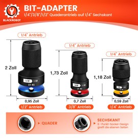 3-Piece Impact Wrench Bit Adapter, 1/2 3/8 1/4 Inch Square Drive to 1/4 Inch Hex Socket Adapter, for Impact Wrench, CR-MO Steel