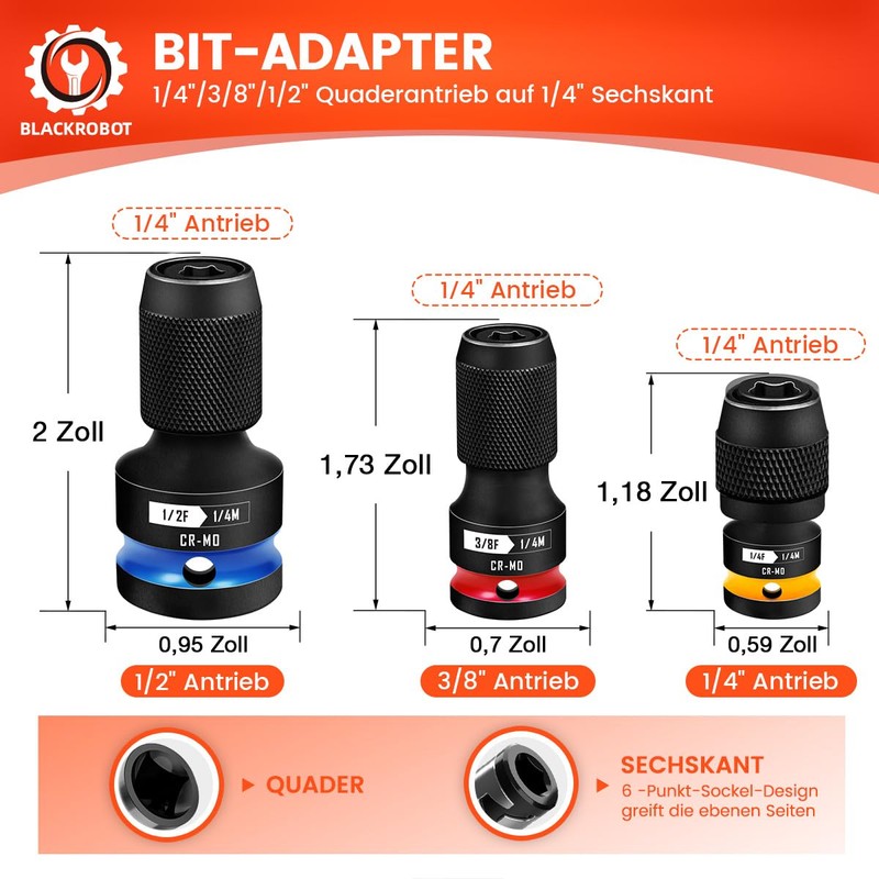 3-Piece Impact Wrench Bit Adapter, 1/2 3/8 1/4 Inch Square