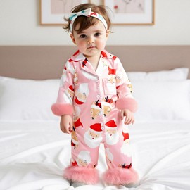 Kavousa Baby Girl Boy Christmas Silk Pajamas Romper Cute Christmas Print Button Down Jumpsuit Toddler Fuzzy Satin Sleepwear (C Santa Claus Pink, 0-3 Months)