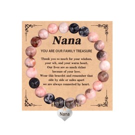 HMOOY Natural Stone Beaded Bracelets For Women, Unique 8 mm Pink Zebra Stone Heart Charm Inspirational Bracelets With Message Card Birthday Ideal Gifts for Mom Aunt Friend Lover (Nana)