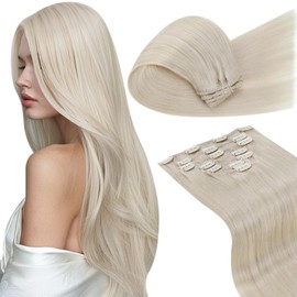 LaaVoo Extensiones de Pelo Humano con Clip Rubio Extensiones de Cabello Natural con Clip Recto Extensiones de Cabello con Clip Suave Liso Natural 150G 7Piezas 20Pulgadas/50cm