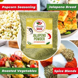 Jalapeno Powder Seasoning 1LB (16oz) – Natural and Premium. Great For Chili, Salsa, Spice Blends, Stews, Tacos, Corn Bread. Medium to High Heat - fruity, spicy hot flavor. By Amazing Chiles & Spices.