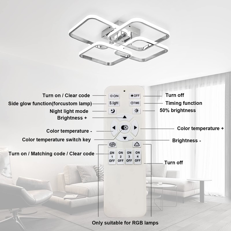 Dimmable Modern Led Ceiling Light, 4 Rings Square Ceiling Lamp