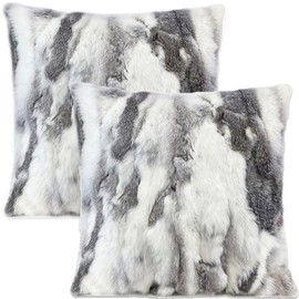 Entua Pack 2 Natural Fur Throw Pillow Covers Sham Soft Luxurious Real Rabbit Fur Pillow Cover with Zipper Gray White Fluffy Pillowcase for Home Couch Sofa Bedroom