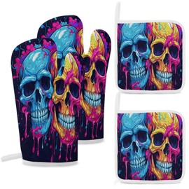 Oven Mitts and Hot Pads 4-Piece Set Thick Durable and Scald Proof Two Different Skulls Printed Oven Gloves Potholders Pot Holders Sets for Cooking Grilling Baking
