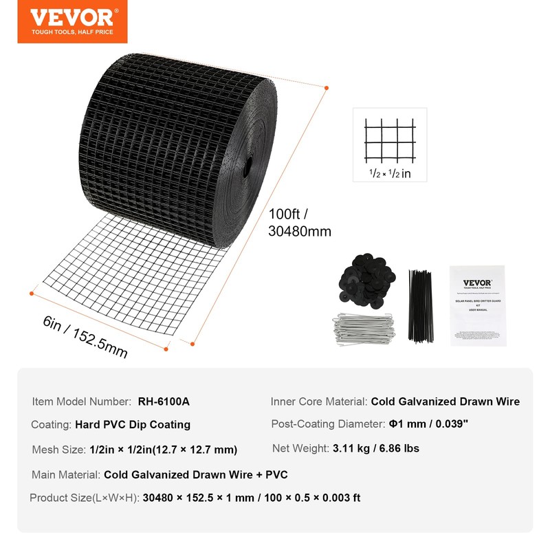 VEVOR 6 inch x 100ft Solar Panel Bird Guard, Critter