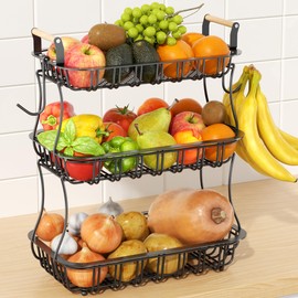 EACONPT 3 Tier Fruit Basket with 2 Banana Hooks, Large Capacity Multifunctional Detachable Sturdy Fruit Bowl with Wooden Handle Mesh Top for Kitchen Counter, for Bread Snacks Vegetables Produce, Black