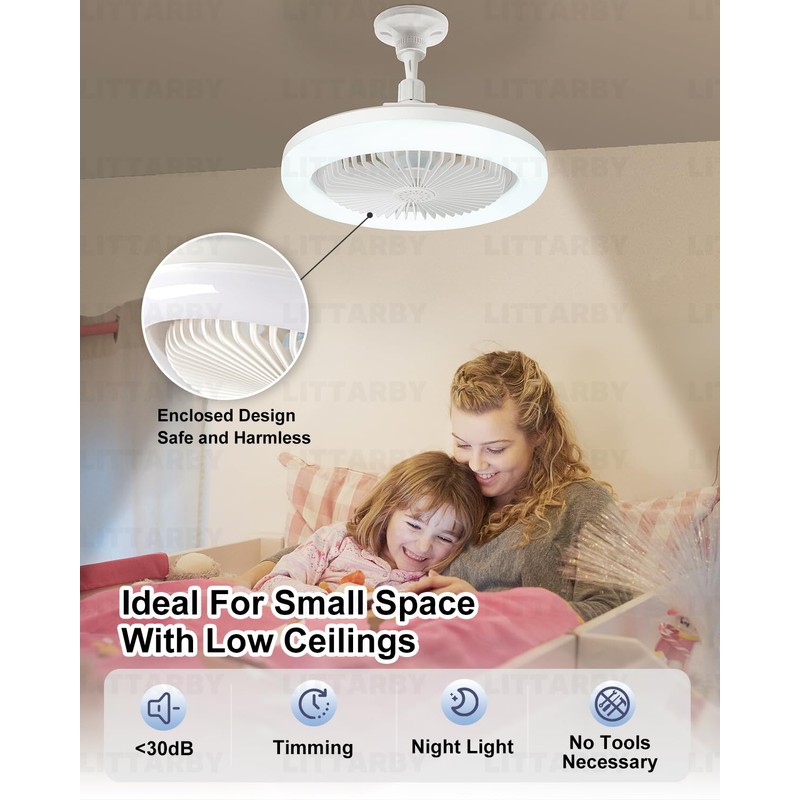 Socket Fan Light with Remote Control, 3 Colors 3000K-6500K Dimmable