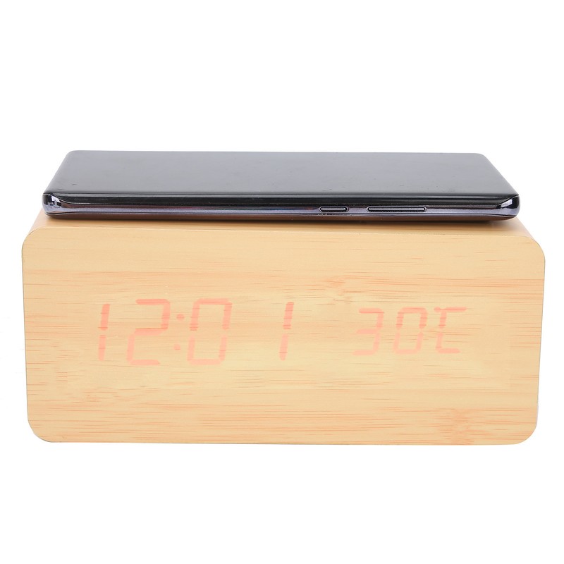 Wooden Clock Alarm Mobile Phone Wireless Charging Wood Voice Control